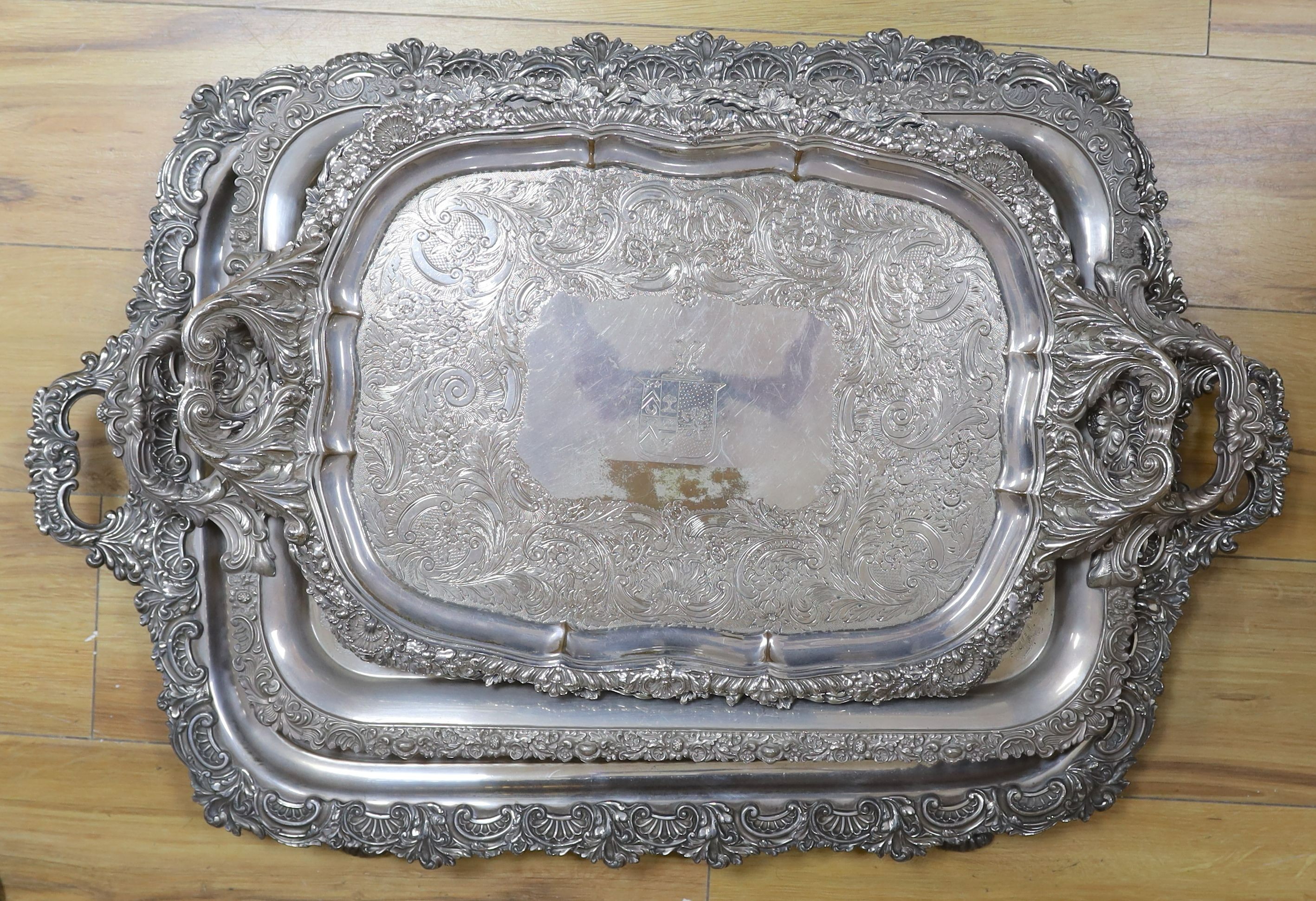4 Victorian silver plated trays, Largest 77cm